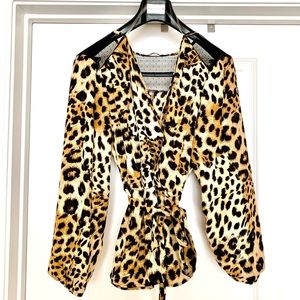 Women's Leopard Print Puff Sleeve Belt Tie Waist Wrap Peplum Blouse, size L